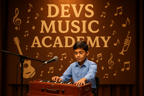 a student playing Harmonium on Stage with devs music backdrop