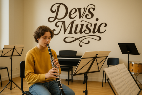 Student learning Clarinet in Classroom with Devs Music written on the Wall in designer style